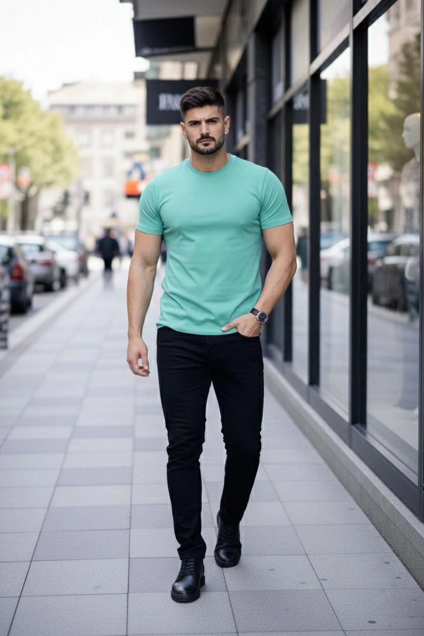 ASSEMA Erkek Bisiklet Yaka Slim Fit dar kesim Likralı Tişört - Turkuvaz