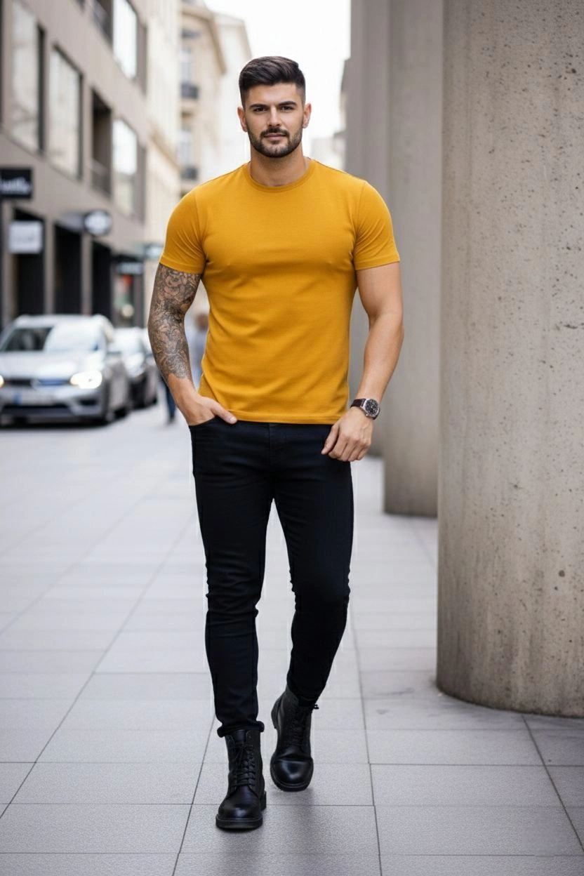 ASSEMA Erkek Bisiklet Yaka Slim Fit dar kesim Likralı Tişört - Limon