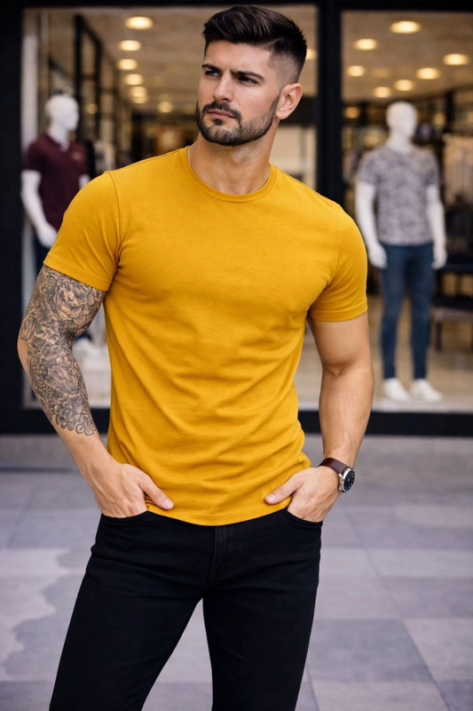ASSEMA Erkek Bisiklet Yaka Slim Fit dar kesim Likralı Tişört - Limon