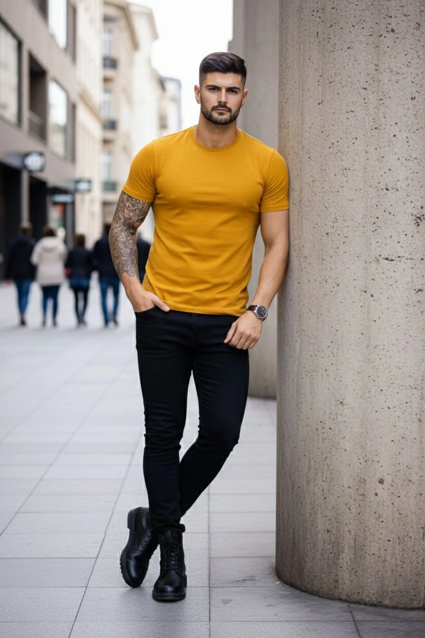 ASSEMA Erkek Bisiklet Yaka Slim Fit dar kesim Likralı Tişört - Limon
