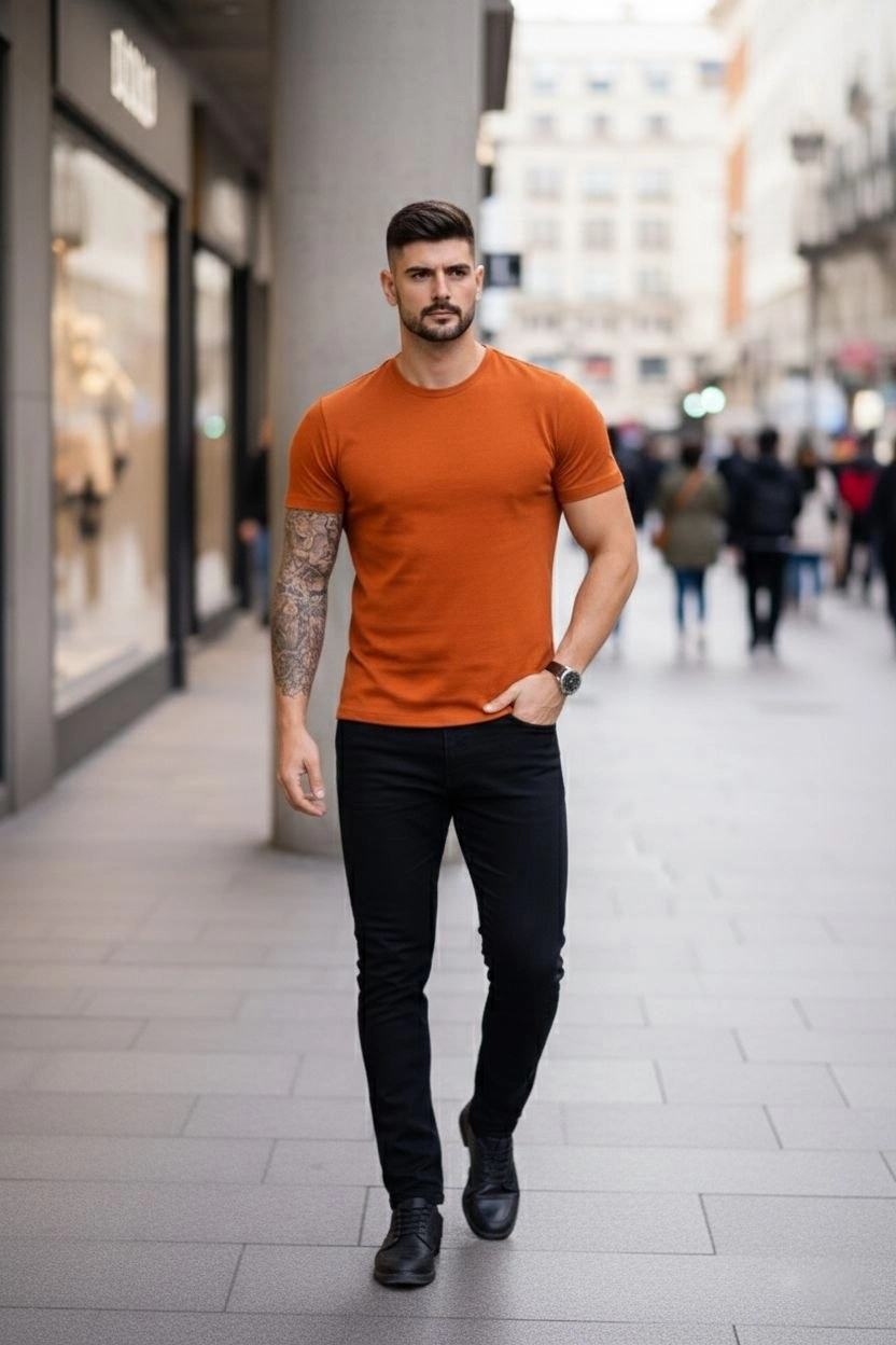 ASSEMA Erkek Bisiklet Yaka Slim Fit dar kesim Likralı Tişört - Koyu Turuncu