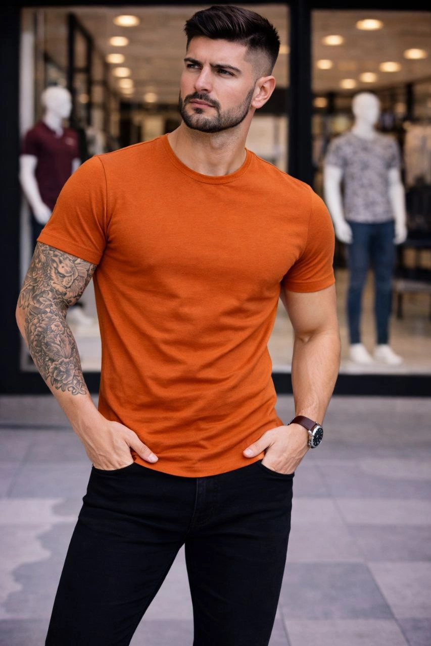 ASSEMA Erkek Bisiklet Yaka Slim Fit dar kesim Likralı Tişört - Koyu Turuncu
