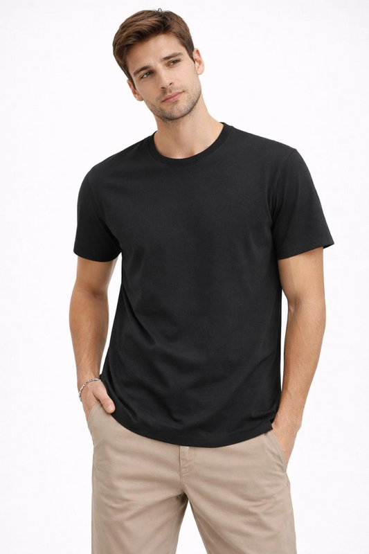 ASSEMA Erkek Bisiklet Yaka Tişört Regular Kalıp Basic Pamuklu Günlük Kullanım T-shirt - Siyah