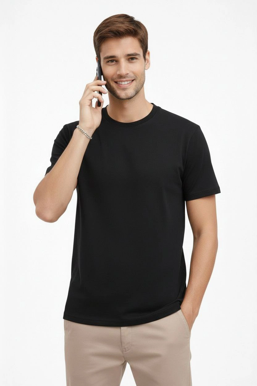 ASSEMA Erkek Bisiklet Yaka Tişört Regular Kalıp Basic Pamuklu Günlük Kullanım T-shirt - Siyah