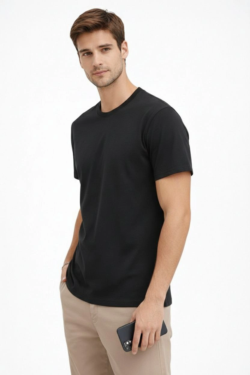 ASSEMA Erkek Bisiklet Yaka Tişört Regular Kalıp Basic Pamuklu Günlük Kullanım T-shirt - Siyah