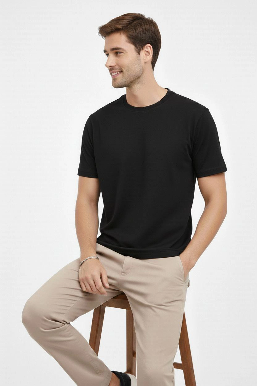 ASSEMA Erkek Bisiklet Yaka Tişört Regular Kalıp Basic Pamuklu Günlük Kullanım T-shirt - Siyah