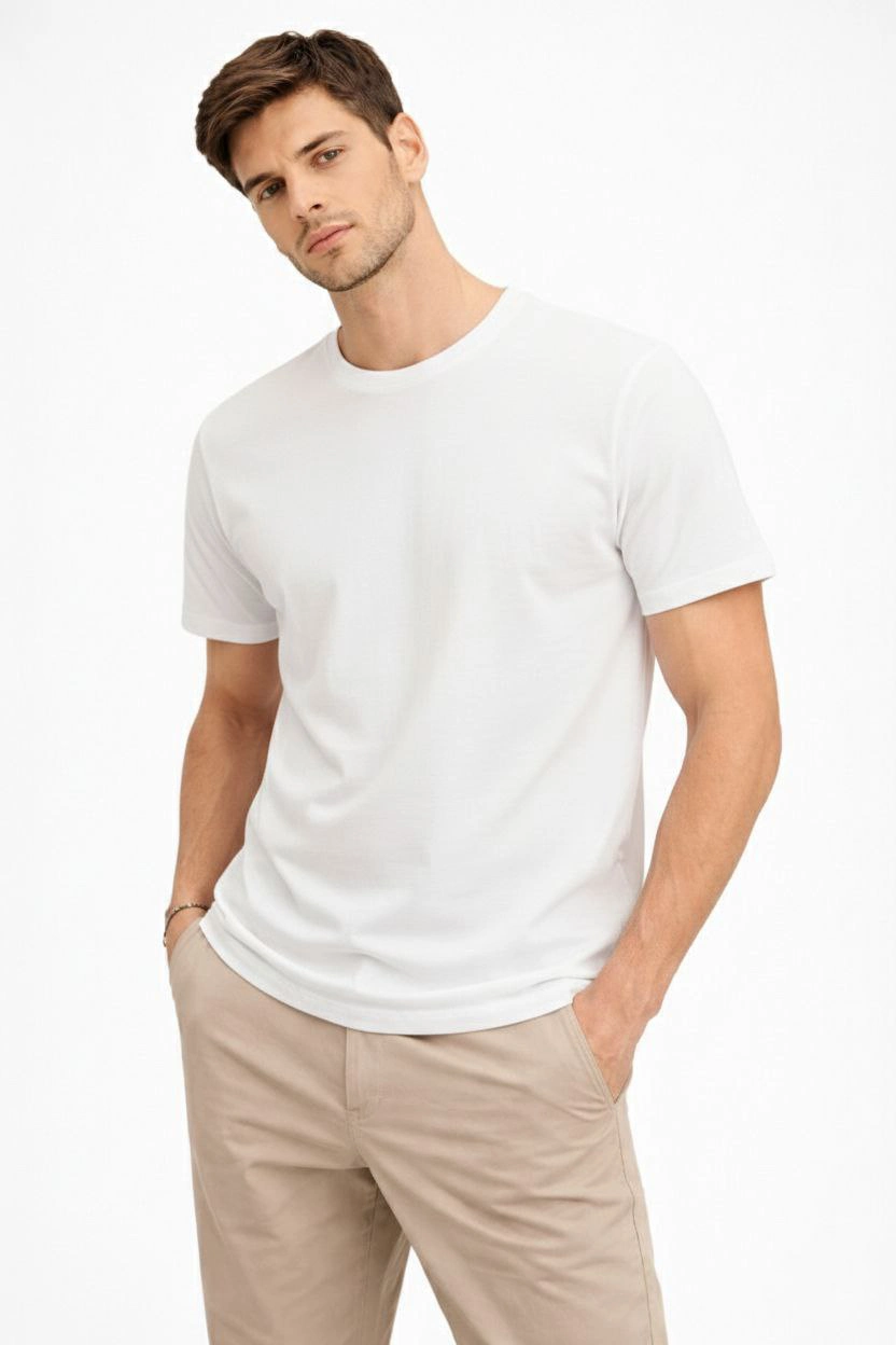 ASSEMA Erkek Bisiklet Yaka Tişört Regular Kalıp Basic Pamuklu Günlük Kullanım T-shirt - Beyaz