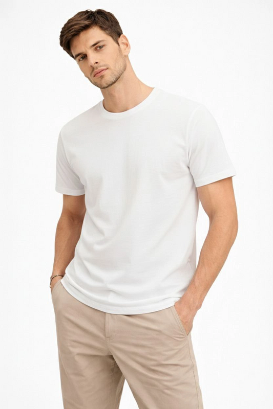 ASSEMA Erkek Bisiklet Yaka Tişört Regular Kalıp Basic Pamuklu Günlük Kullanım T-shirt - Beyaz