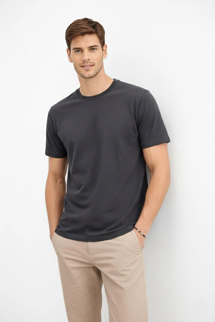 ASSEMA Erkek Bisiklet Yaka Tişört Regular Kalıp Basic Pamuklu  T-shirt - Füme