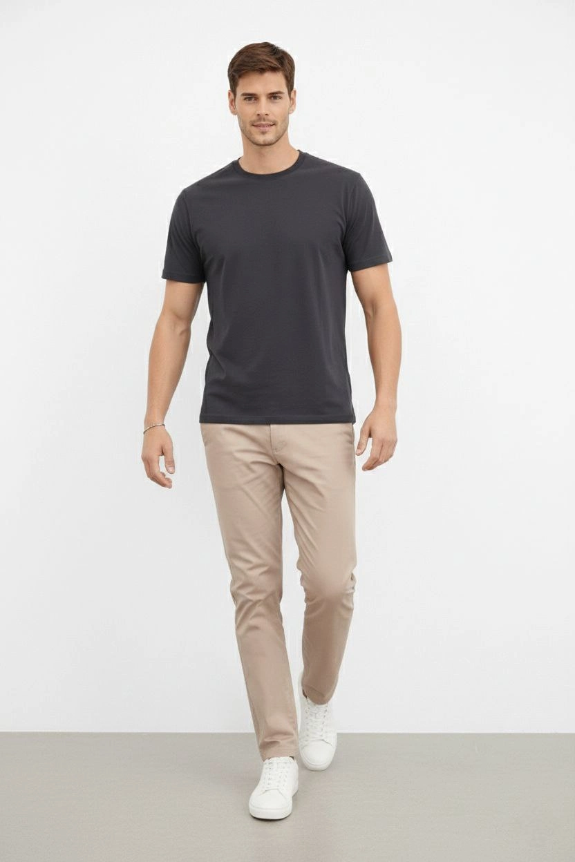 ASSEMA Erkek Bisiklet Yaka Tişört Regular Kalıp Basic Pamuklu  T-shirt - Füme