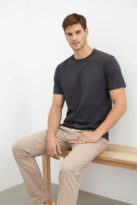 ASSEMA Erkek Bisiklet Yaka Tişört Regular Kalıp Basic Pamuklu  T-shirt - Füme