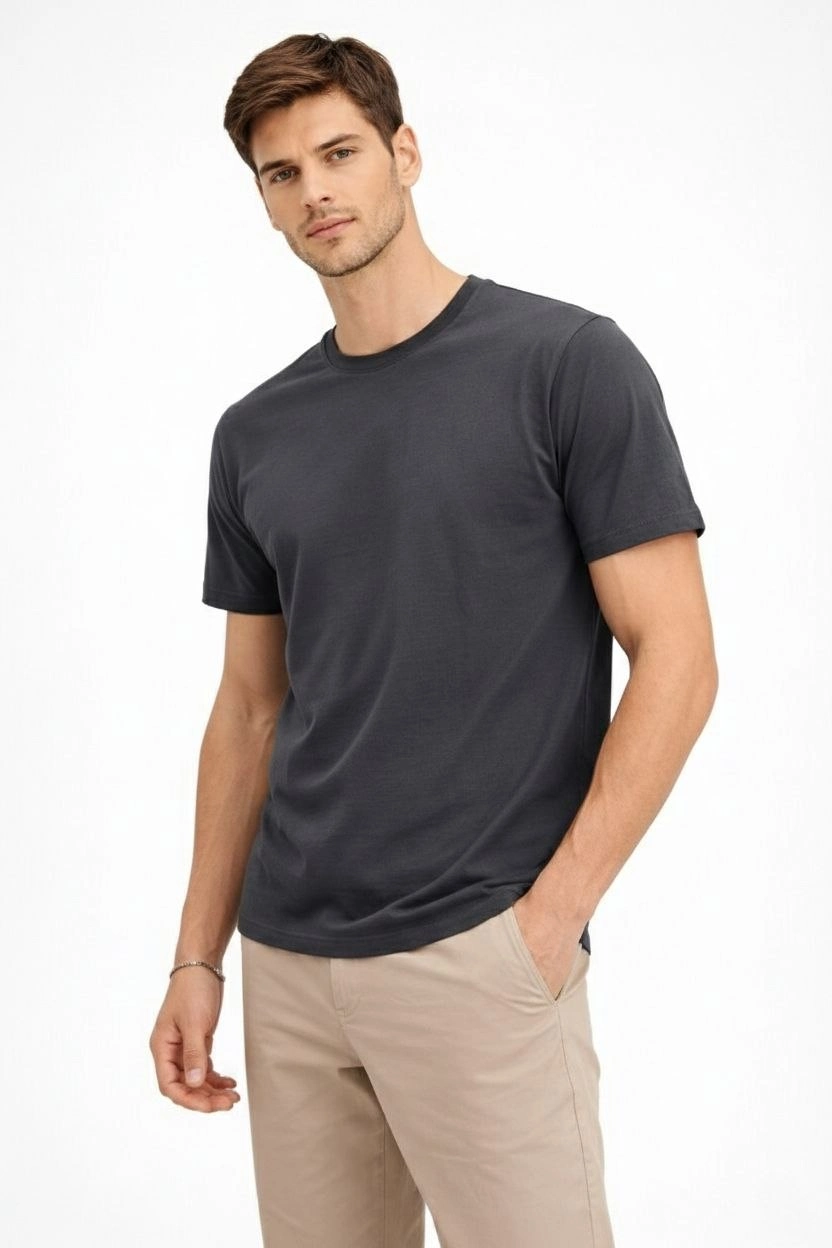 ASSEMA Erkek Bisiklet Yaka Tişört Regular Kalıp Basic Pamuklu  T-shirt - Füme