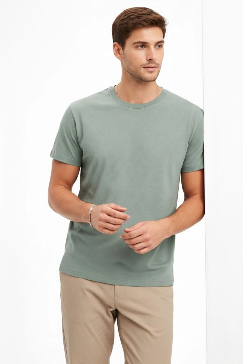 ASSEMA Erkek Bisiklet Yaka Tişört Regular Kalıp Basic Pamuklu Günlük Kullanım T-shirt - Mint Yeşili