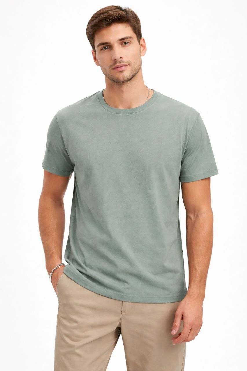 ASSEMA Erkek Bisiklet Yaka Tişört Regular Kalıp Basic Pamuklu Günlük Kullanım T-shirt - Mint Yeşili