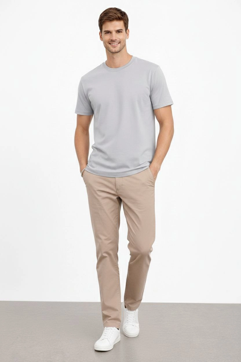 ASSEMA Erkek Bisiklet Yaka Tişört Regular Kalıp Basic Pamuklu Günlük Kullanım T-shirt - Gri