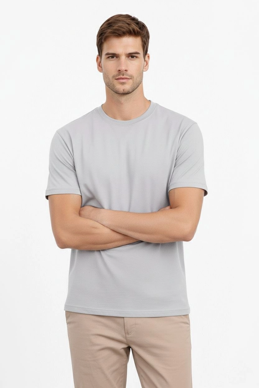 ASSEMA Erkek Bisiklet Yaka Tişört Regular Kalıp Basic Pamuklu Günlük Kullanım T-shirt - Gri