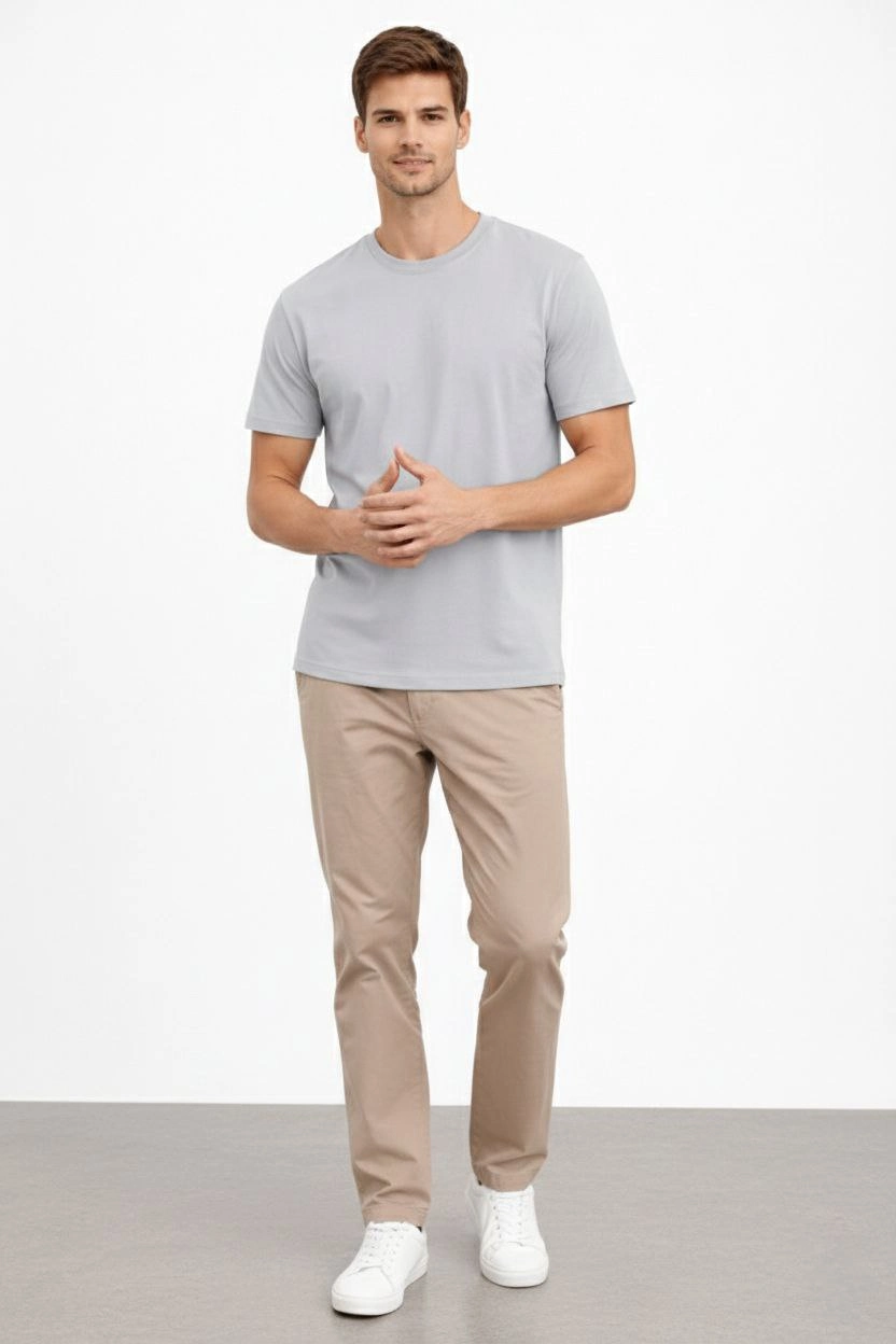 ASSEMA Erkek Bisiklet Yaka Tişört Regular Kalıp Basic Pamuklu Günlük Kullanım T-shirt - Gri