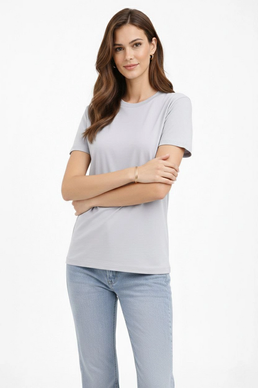 ASSEMA Kadın Bisiklet Yaka Tişört  Regular Kalıp Basic Pamuklu  Günlük Kullanım  T-shirt - Gri