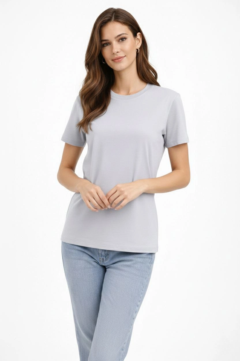 ASSEMA Kadın Bisiklet Yaka Tişört  Regular Kalıp Basic Pamuklu  Günlük Kullanım  T-shirt - Gri