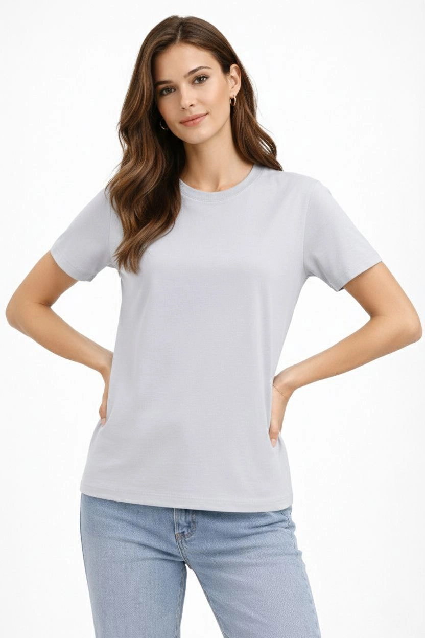 ASSEMA Kadın Bisiklet Yaka Tişört  Regular Kalıp Basic Pamuklu  Günlük Kullanım  T-shirt - Gri
