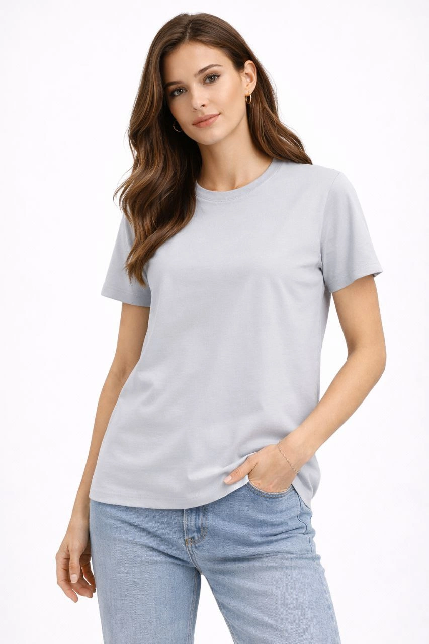ASSEMA Kadın Bisiklet Yaka Tişört  Regular Kalıp Basic Pamuklu  Günlük Kullanım  T-shirt - Gri