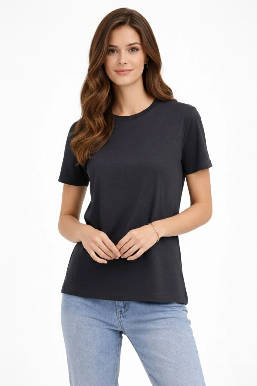 ASSEMA Kadın Bisiklet Yaka Tişört Regular Kalıp Basic Pamuklu Günlük Kullanım T-shirt - Füme