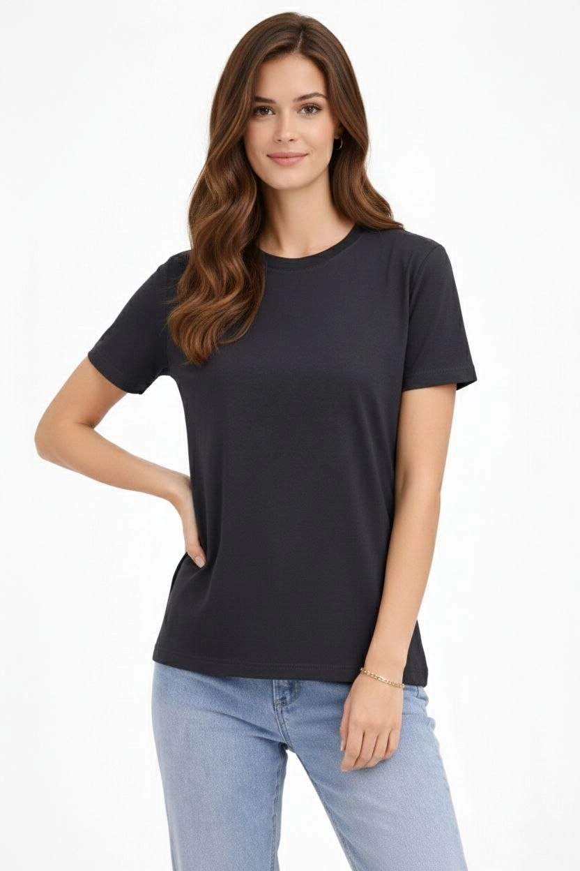 ASSEMA Kadın Bisiklet Yaka Tişört Regular Kalıp Basic Pamuklu Günlük Kullanım T-shirt - Füme