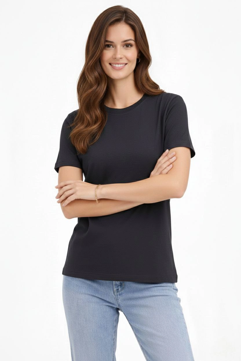 ASSEMA Kadın Bisiklet Yaka Tişört Regular Kalıp Basic Pamuklu Günlük Kullanım T-shirt - Füme