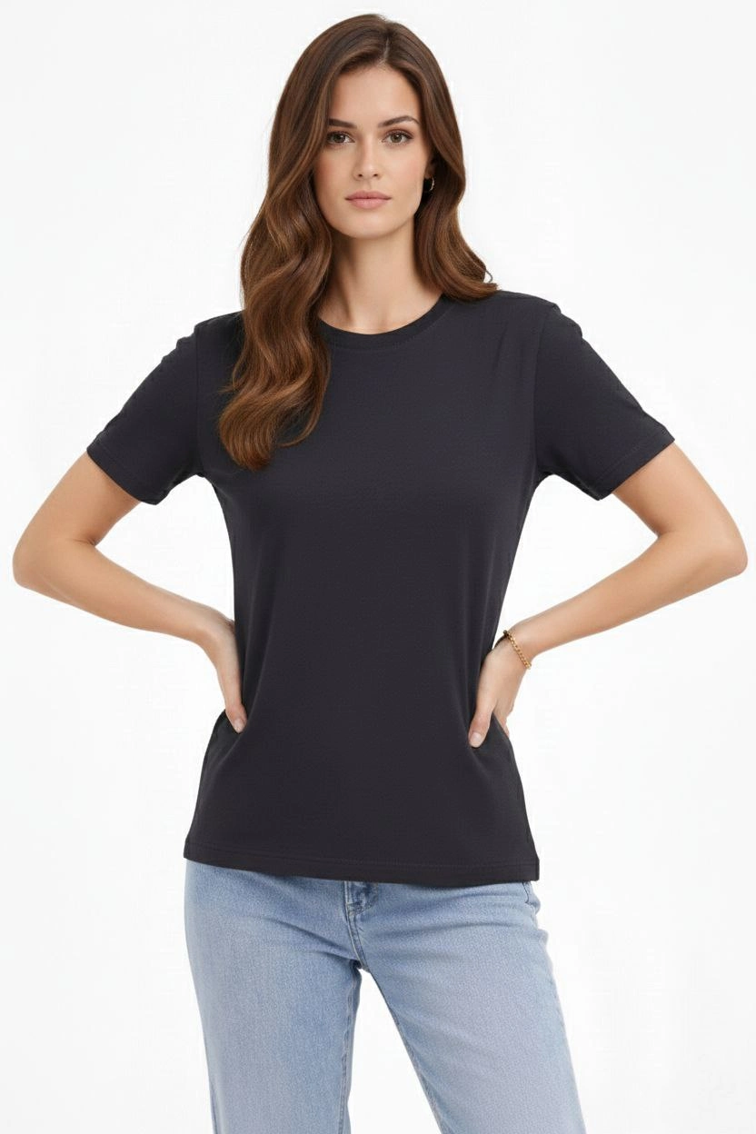 ASSEMA Kadın Bisiklet Yaka Tişört Regular Kalıp Basic Pamuklu Günlük Kullanım T-shirt - Füme