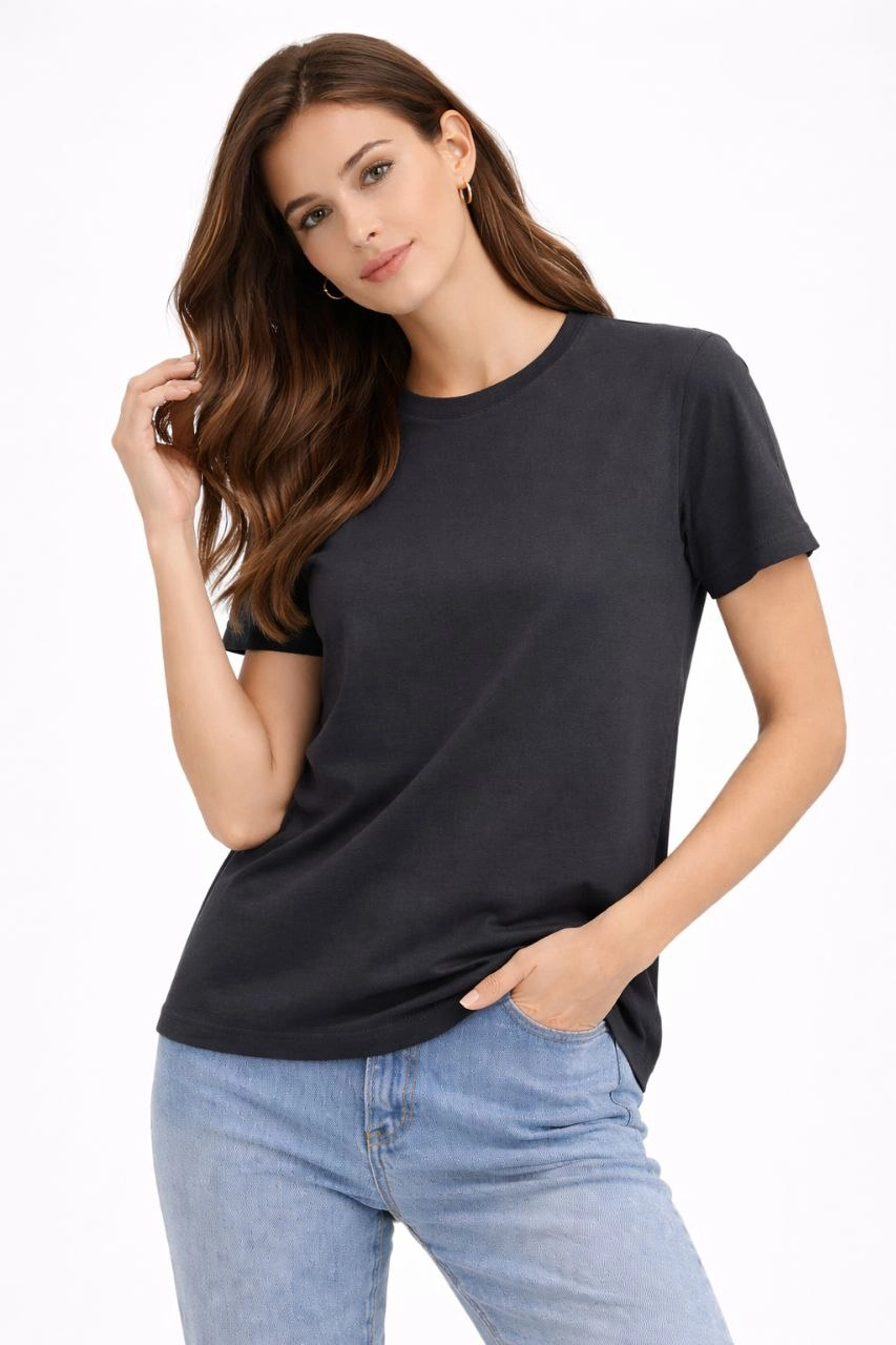 ASSEMA Kadın Bisiklet Yaka Tişört Regular Kalıp Basic Pamuklu Günlük Kullanım T-shirt - Füme