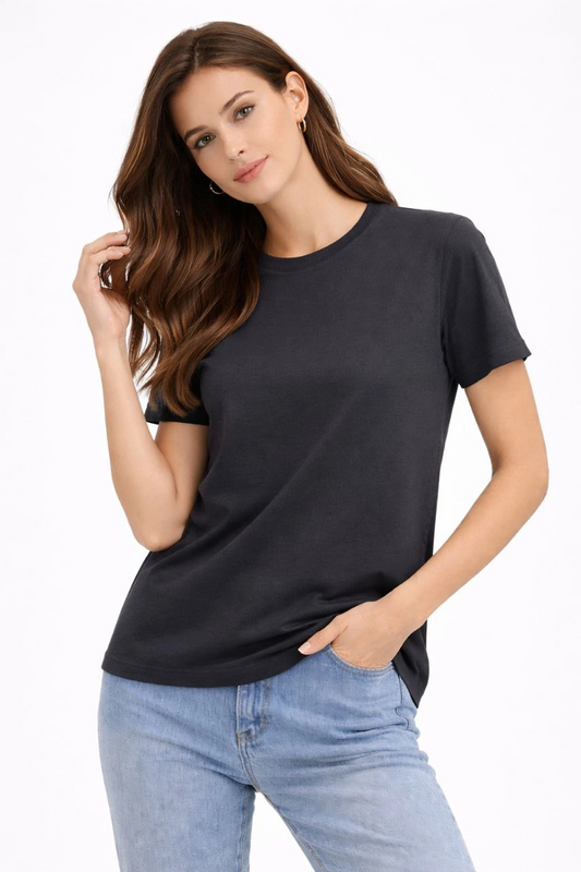 ASSEMA Kadın Bisiklet Yaka Tişört Regular Kalıp Basic Pamuklu Günlük Kullanım T-shirt - Füme