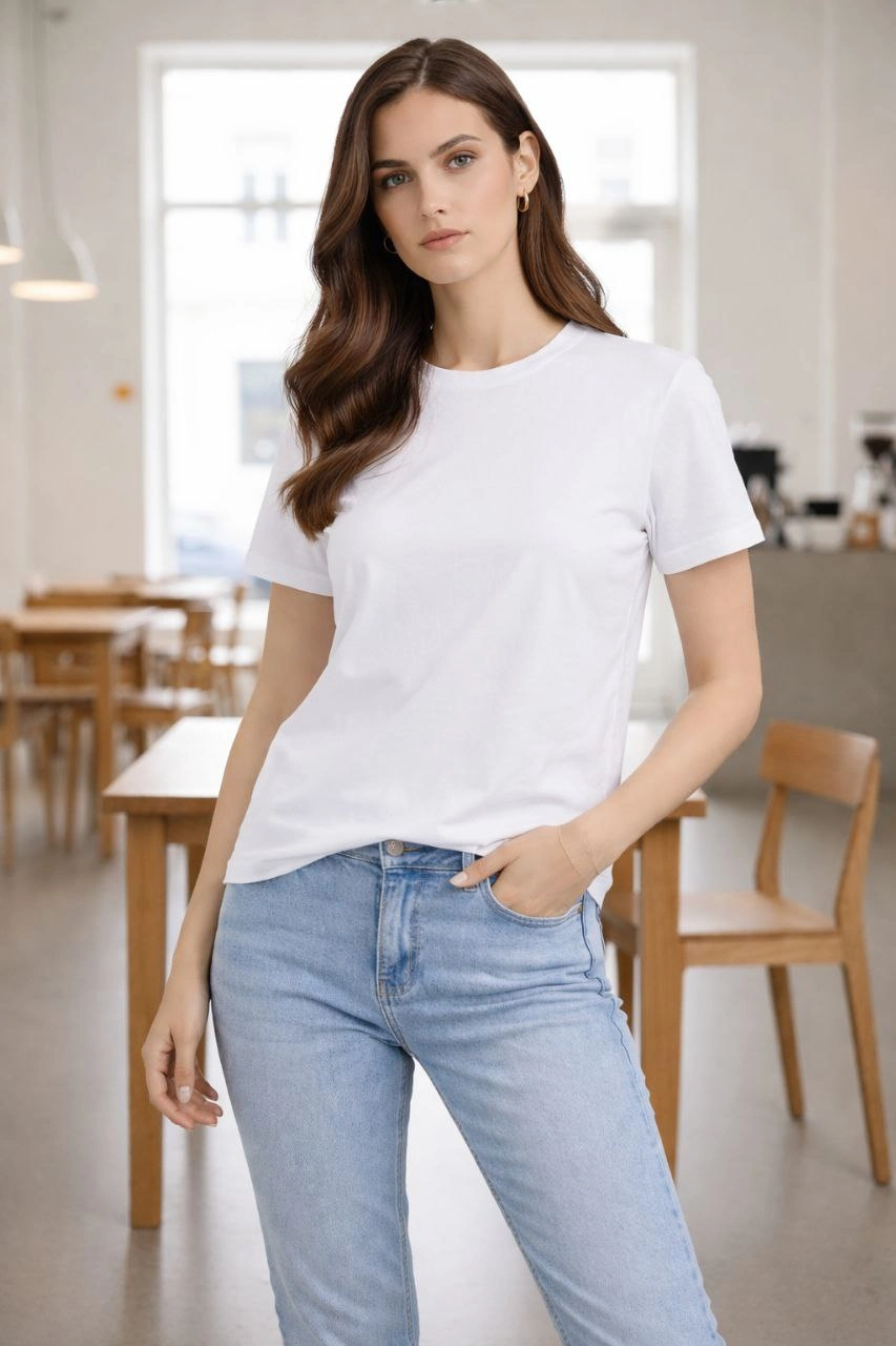 ASSEMA Kadın Bisiklet Yaka Tişört Regular Kalıp Basic Pamuklu Günlük Kullanım T-shirt - Beyaz