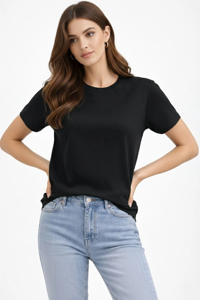 ASSEMA Kadın Bisiklet Yaka Tişört Regular Kalıp Basic Pamuklu Günlük Kullanım T-shirt - Siyah