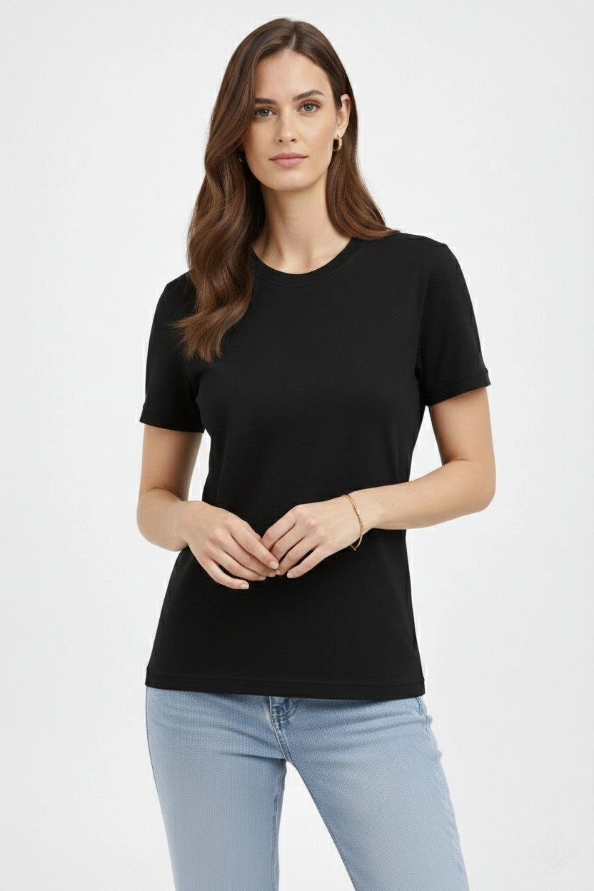 ASSEMA Kadın Bisiklet Yaka Tişört Regular Kalıp Basic Pamuklu Günlük Kullanım T-shirt - Siyah