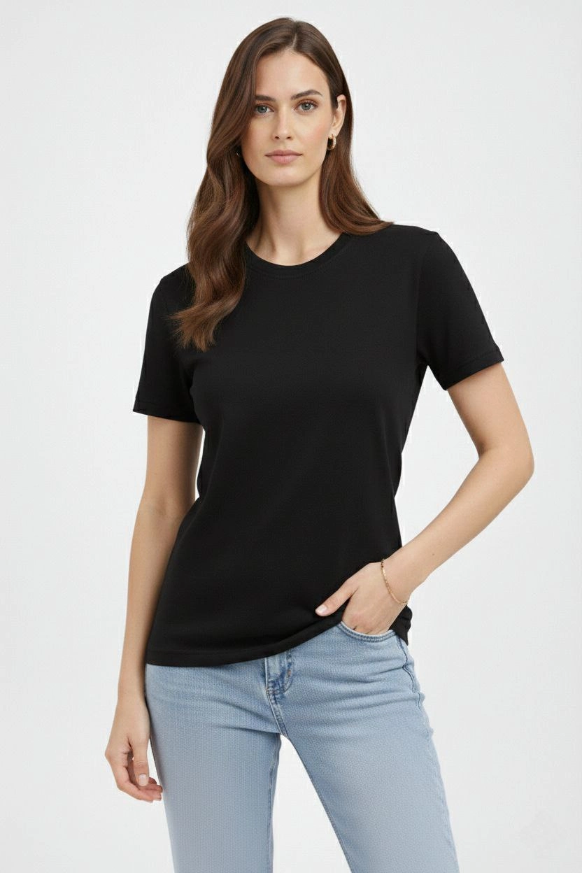 ASSEMA Kadın Bisiklet Yaka Tişört Regular Kalıp Basic Pamuklu Günlük Kullanım T-shirt - Siyah