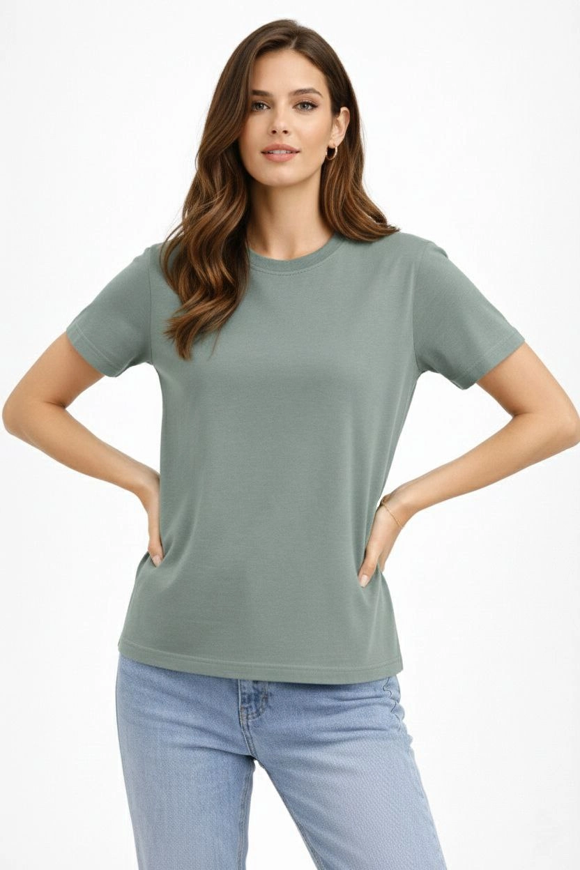 ASSEMA Kadın Bisiklet Yaka Tişört Regular Kalıp Basic Pamuklu Günlük Kullanım T-shirt - Mint Yeşili
