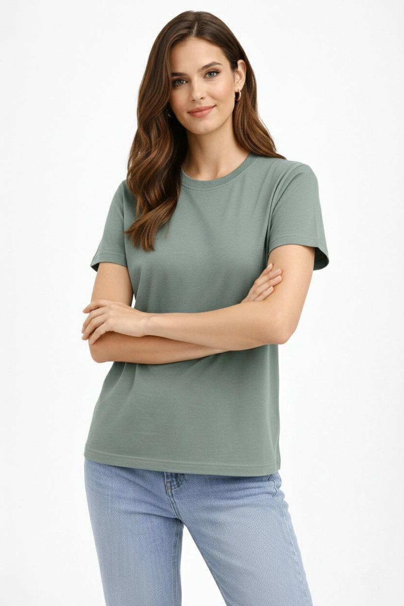 ASSEMA Kadın Bisiklet Yaka Tişört Regular Kalıp Basic Pamuklu Günlük Kullanım T-shirt - Mint Yeşili