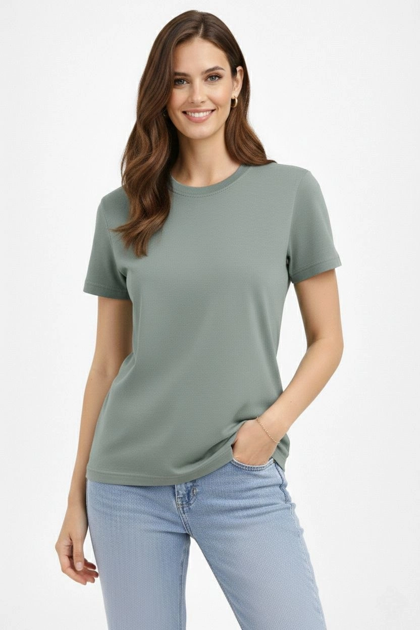 ASSEMA Kadın Bisiklet Yaka Tişört Regular Kalıp Basic Pamuklu Günlük Kullanım T-shirt - Mint Yeşili