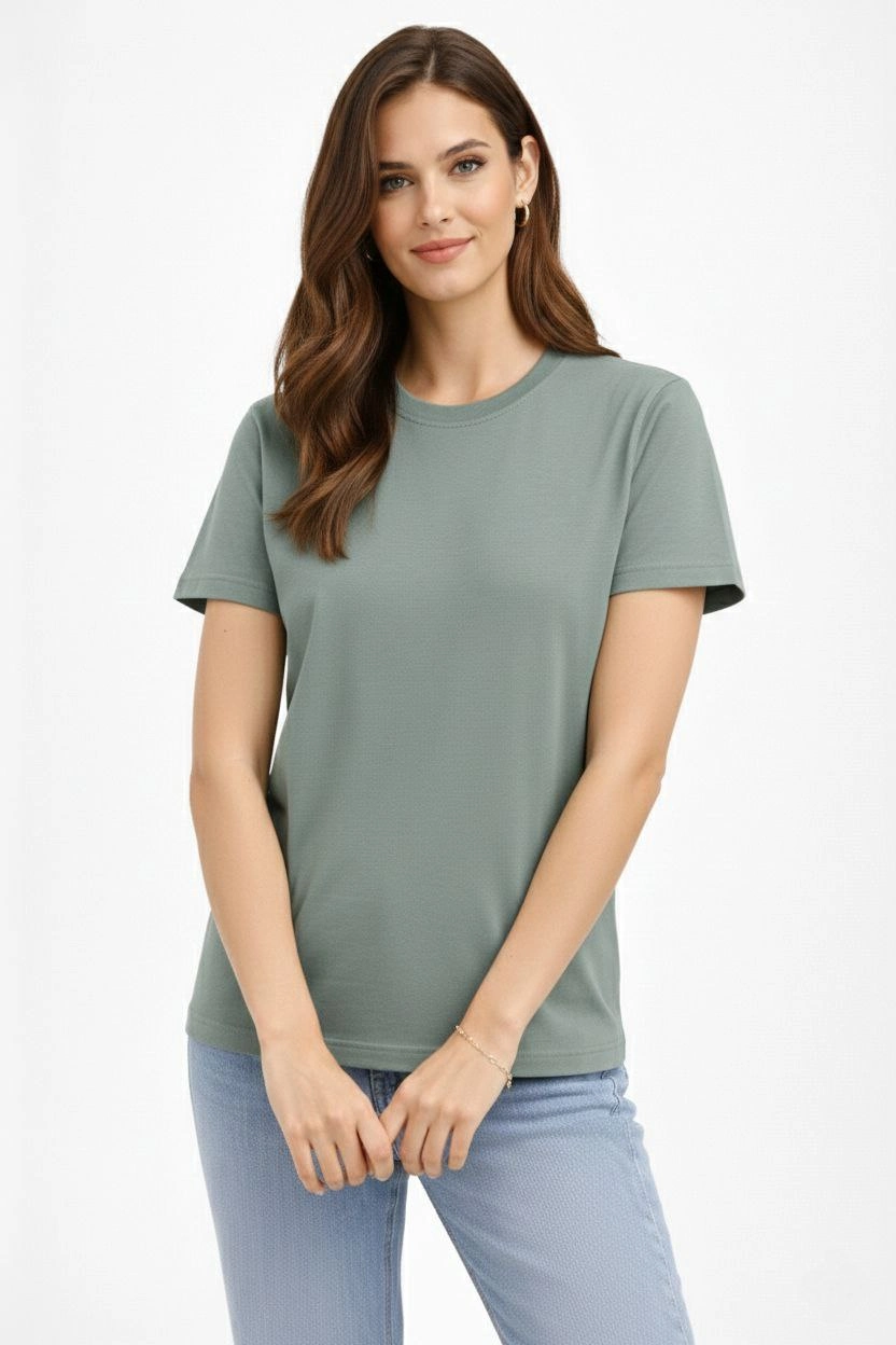 ASSEMA Kadın Bisiklet Yaka Tişört Regular Kalıp Basic Pamuklu Günlük Kullanım T-shirt - Mint Yeşili
