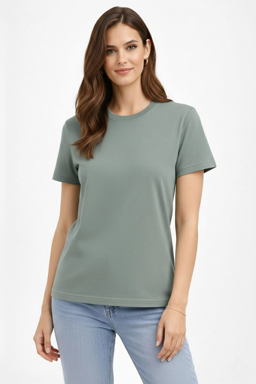 ASSEMA Kadın Bisiklet Yaka Tişört Regular Kalıp Basic Pamuklu Günlük Kullanım T-shirt - Mint Yeşili