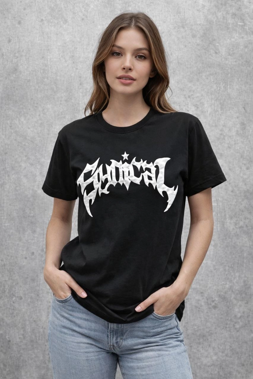 ASSEMA Kadın Bisiklet Yaka Ön Baskılı  Kısa Kollu Tişört Streetwear Günlük Basic Pamuklu T-shirt - Siyah