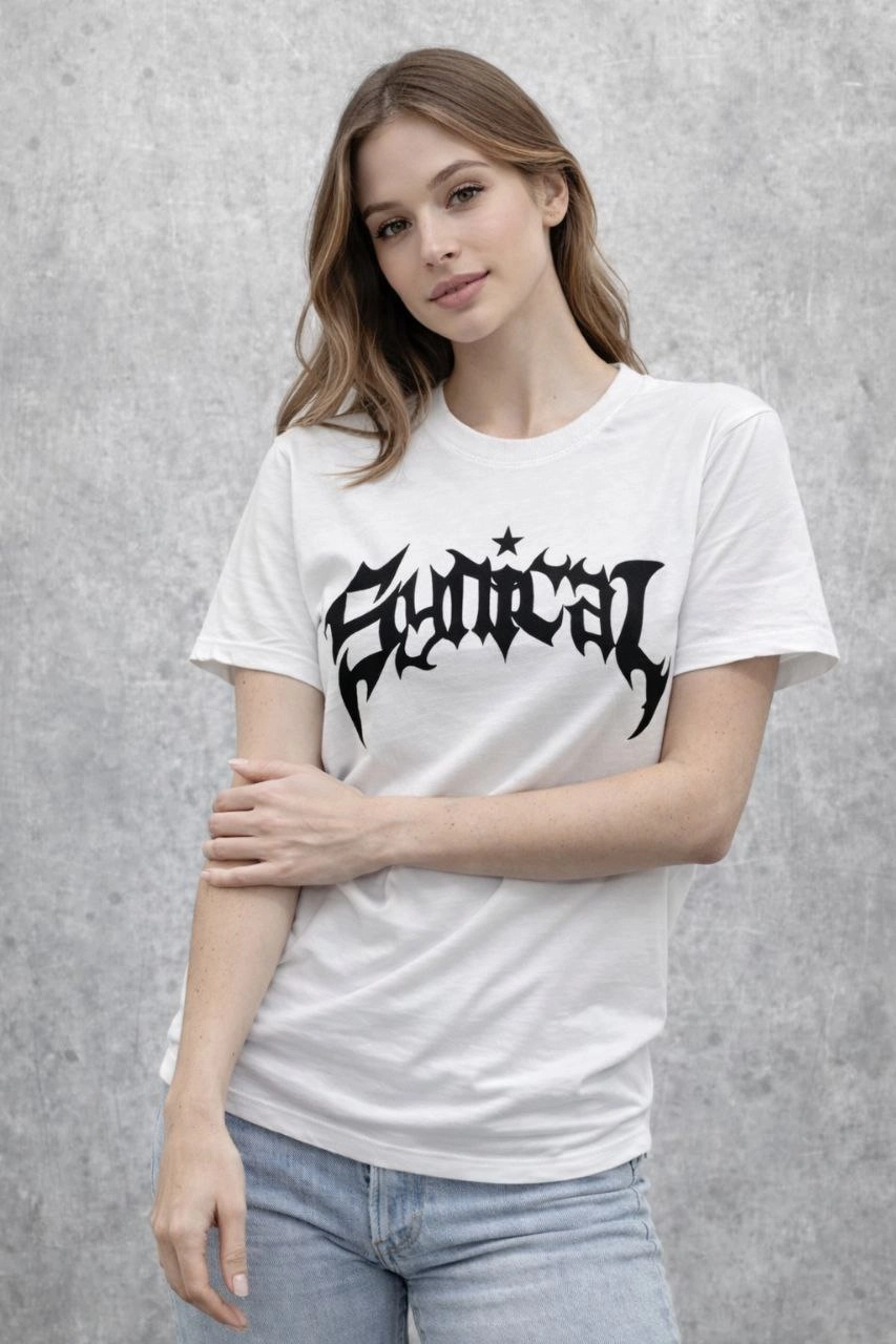 ASSEMA Kadın Bisiklet Yaka Ön Baskılı Kısa Kollu Tişört Streetwear Günlük Basic Pamuklu T-shirt - Beyaz