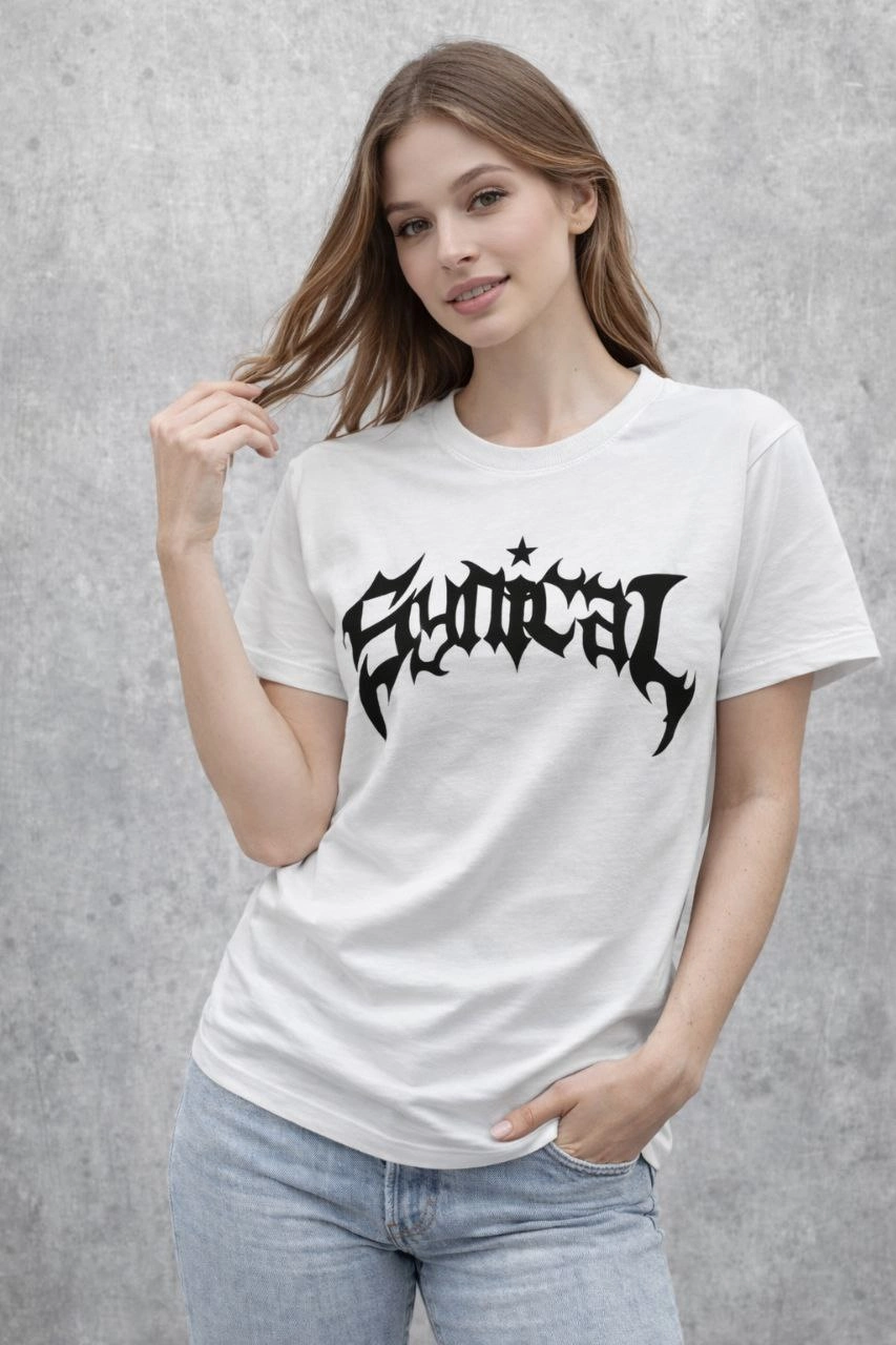 ASSEMA Kadın Bisiklet Yaka Ön Baskılı Kısa Kollu Tişört Streetwear Günlük Basic Pamuklu T-shirt - Beyaz