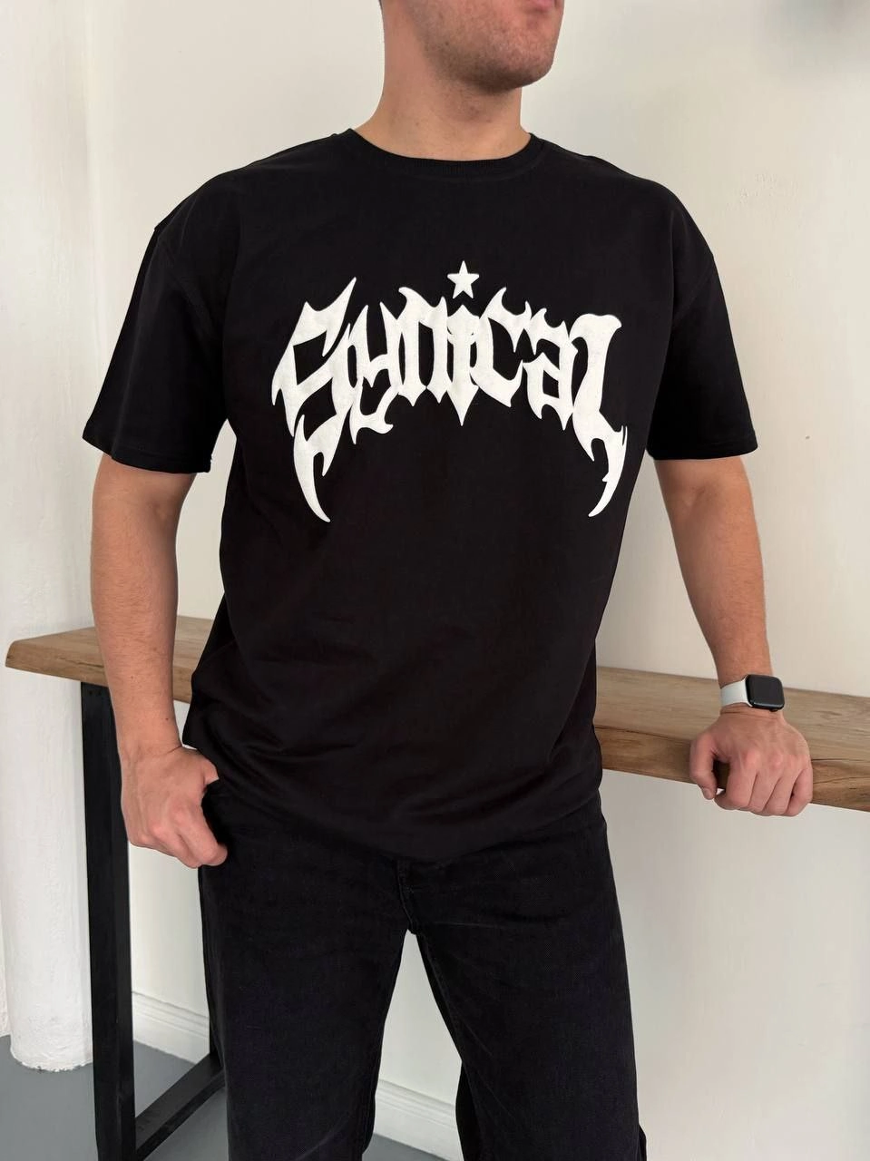 ASSEMA Erkek Bisiklet Yaka Ön Baskılı  Kısa Kollu Tişört Streetwear Günlük Basic Pamuklu T-shirt - Siyah