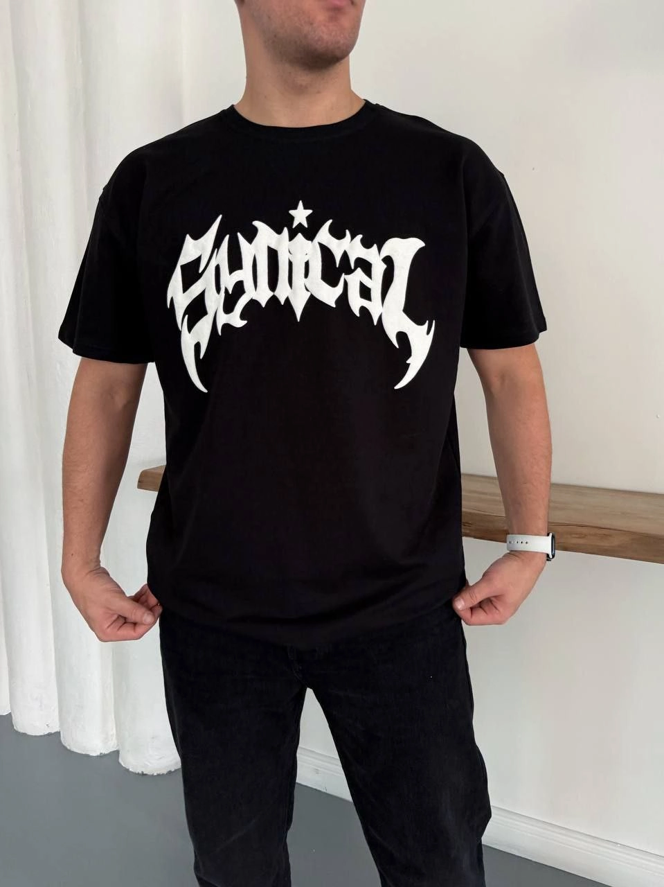 ASSEMA Erkek Bisiklet Yaka Ön Baskılı  Kısa Kollu Tişört Streetwear Günlük Basic Pamuklu T-shirt - Siyah