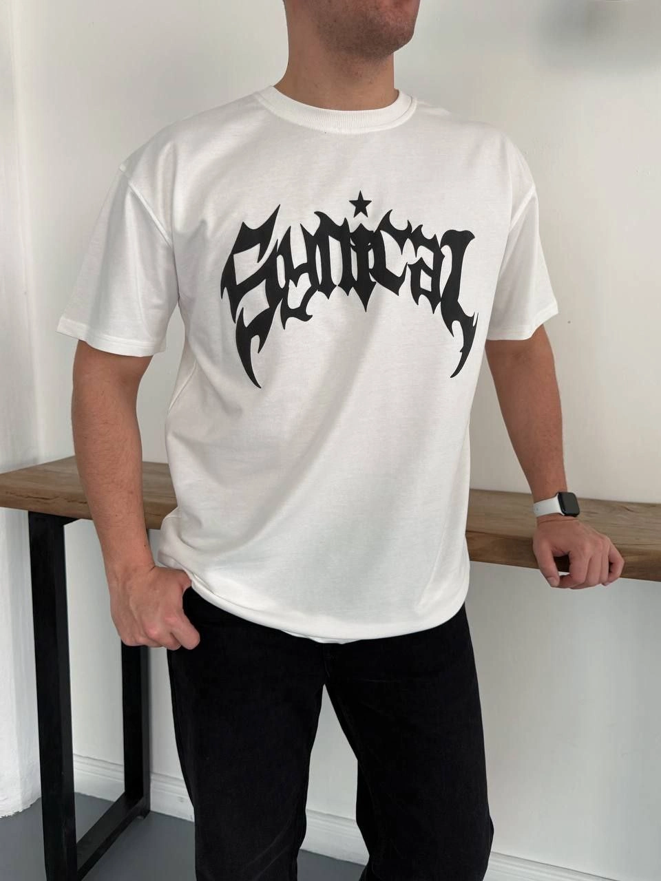 ASSEMA Erkek Bisiklet Yaka Ön Baskılı Kısa Kollu Tişört Streetwear Günlük Basic Pamuklu T-shirt - Beyaz