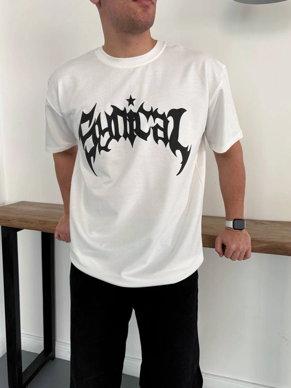 ASSEMA Erkek Bisiklet Yaka Ön Baskılı Kısa Kollu Tişört Streetwear Günlük Basic Pamuklu T-shirt - Beyaz
