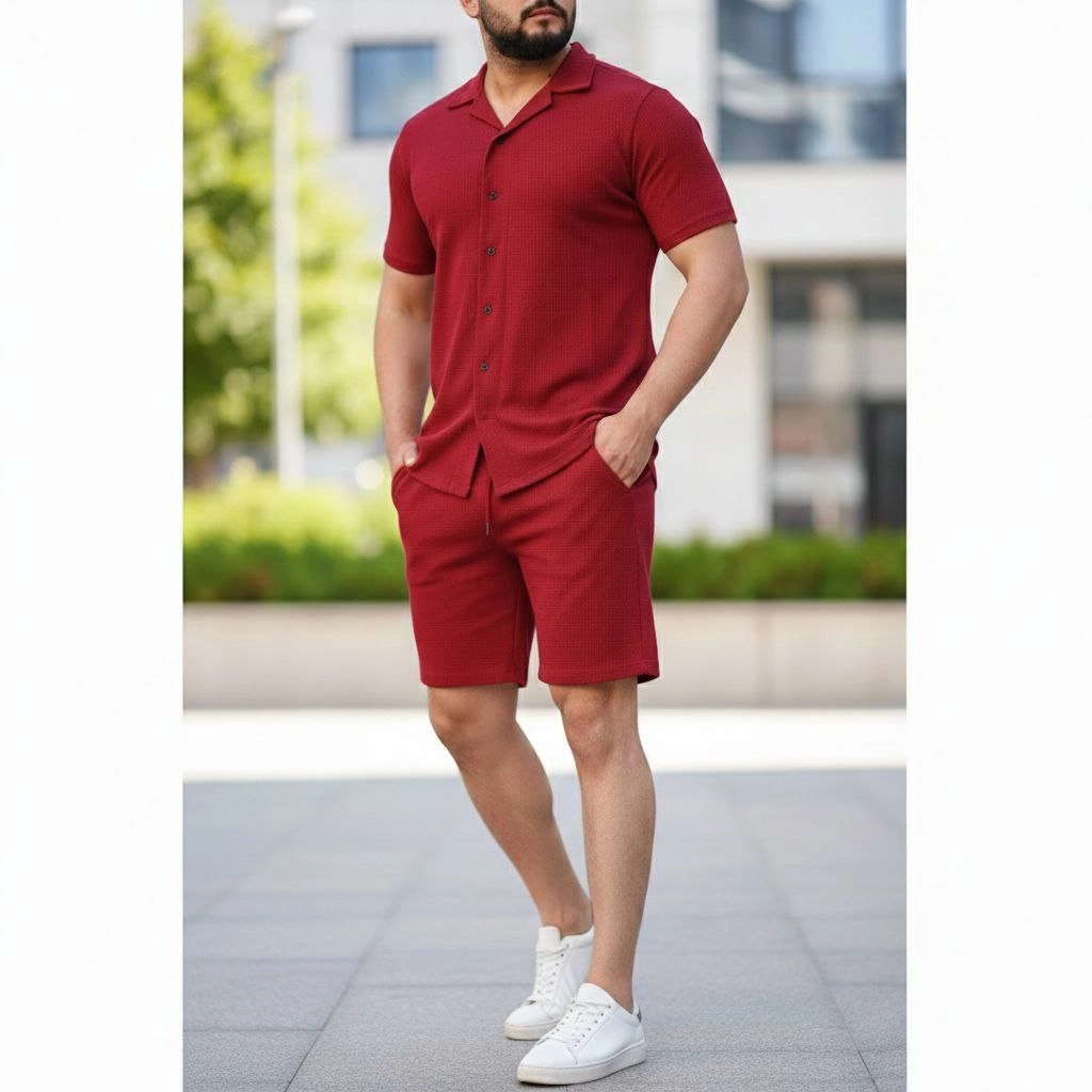ASSEMA Erkek Waffle Kısa Kollu Gömlek Şort Takım Regular Fit İkili Set - Bordo