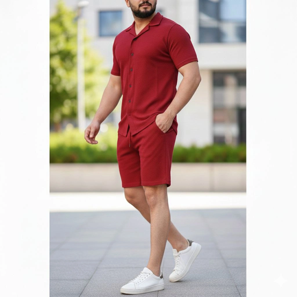 ASSEMA Erkek Waffle Kısa Kollu Gömlek Şort Takım Regular Fit İkili Set - Bordo