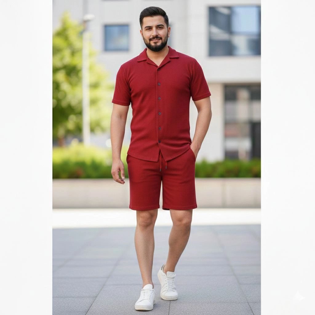 ASSEMA Erkek Waffle Kısa Kollu Gömlek Şort Takım Regular Fit İkili Set - Bordo